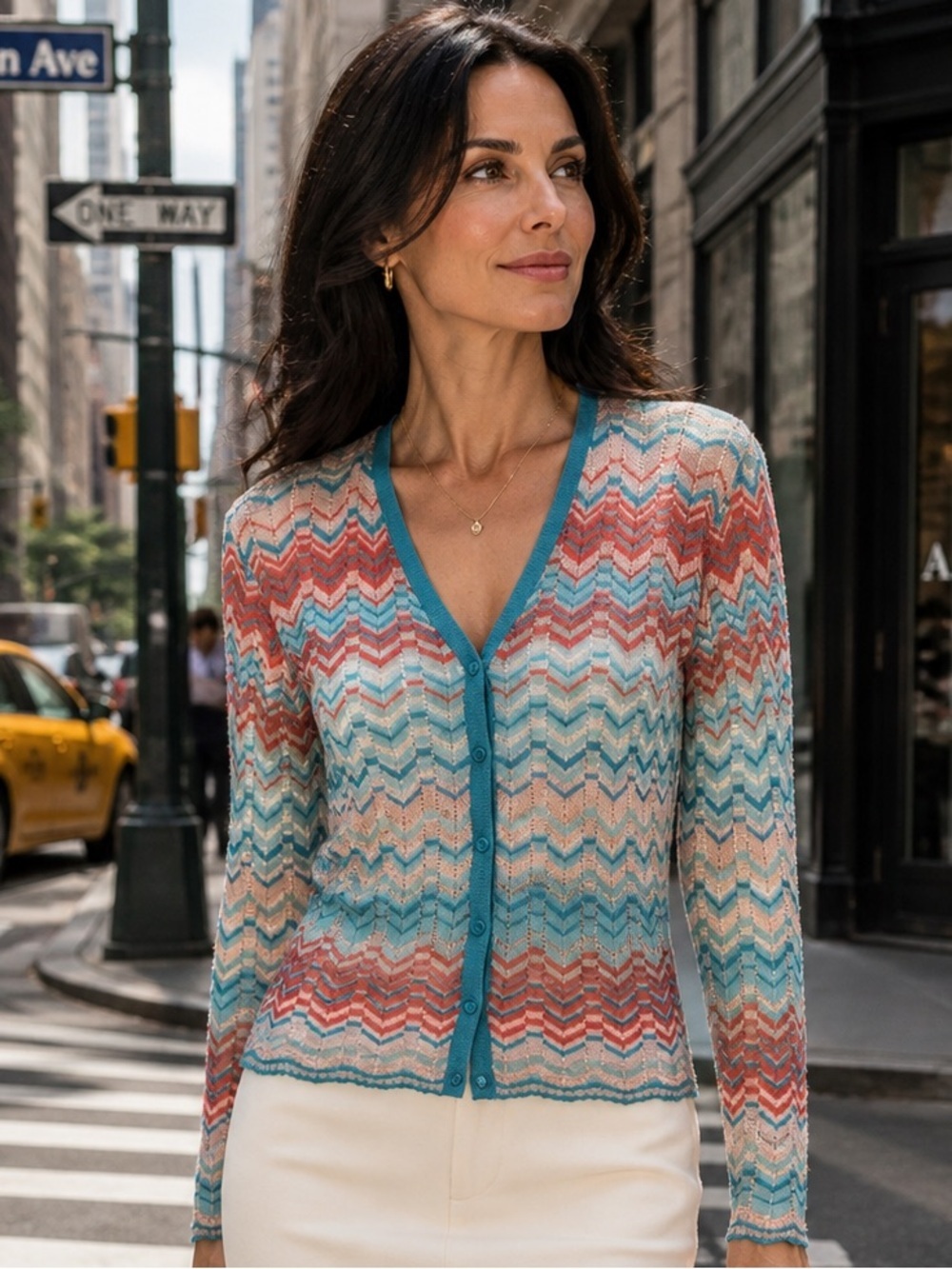 Oscar De La Renta Chevron Stripe Zigzag Cardigan Sweater Blue Pink Knit Vtg Y2KM